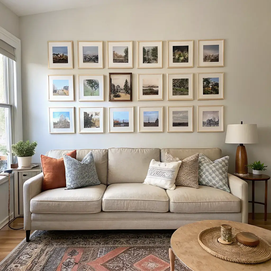 Straight-on view of an oatmeal linen sofa with a nine-frame white oak gallery wall in a neat grid of warm sepia and terracotta photos, softly lit by late-morning window light, with neutral pillows, a wool throw, and a glowing ceramic lamp on a walnut side table.