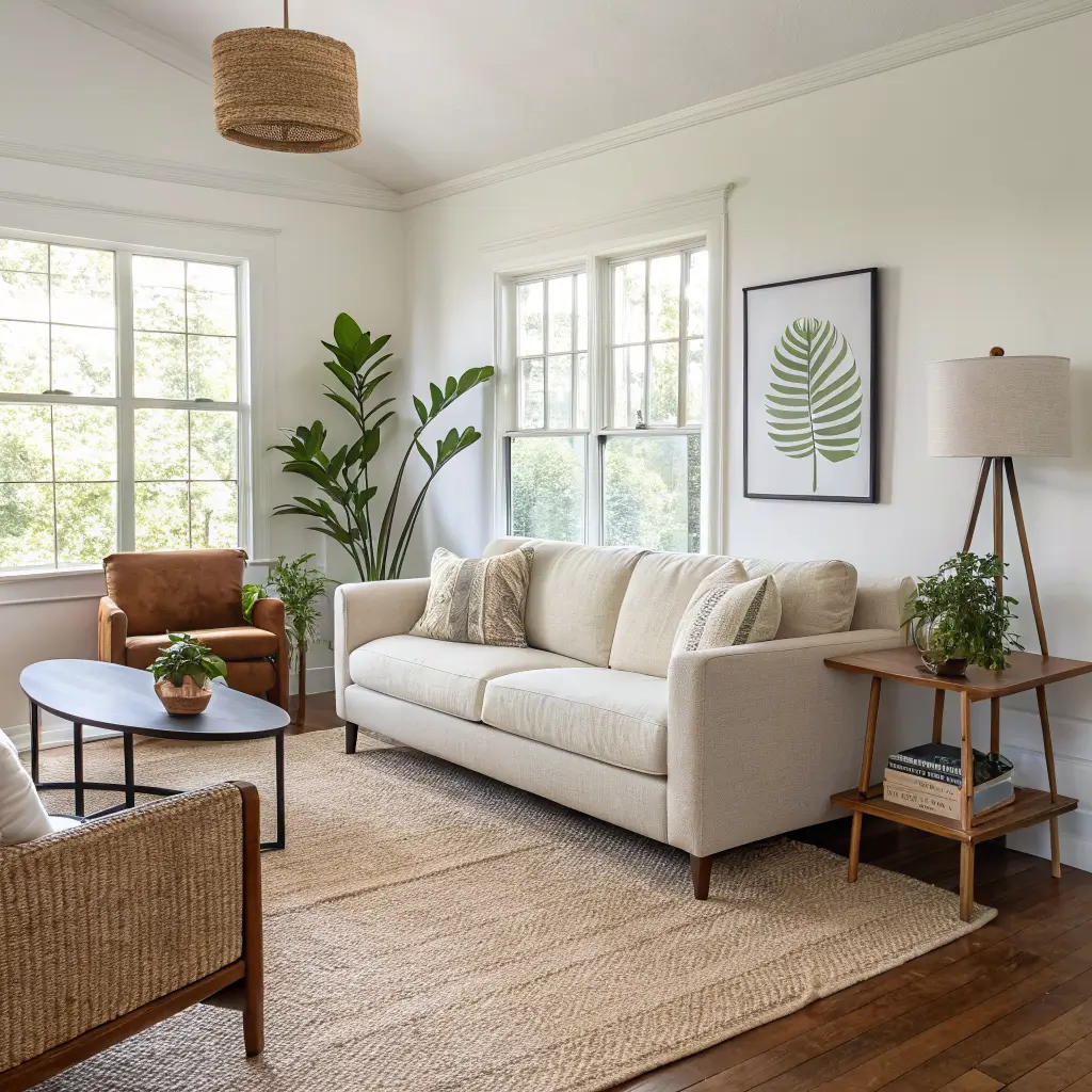 Small open-plan corner living area mid-setup with jute-wool rug, oatmeal linen sofa with walnut console and lamp, greige boucle chairs, ash coffee table, and a fiddle leaf fig in a terracotta planter in warm afternoon light.