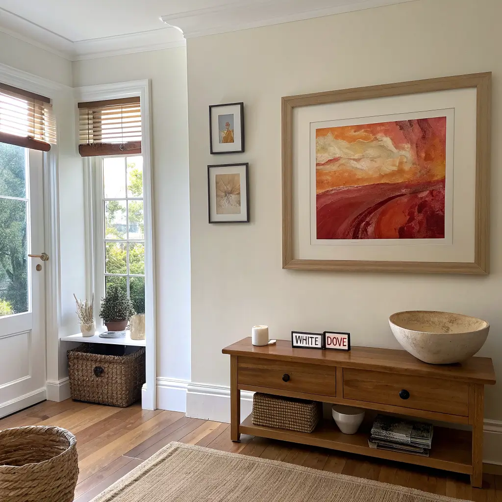 Large white oak framed child’s abstract rust-and-ochre painting on a White Dove wall above a slim walnut console with a ceramic bowl and labeled folio in a warm minimalist living room.