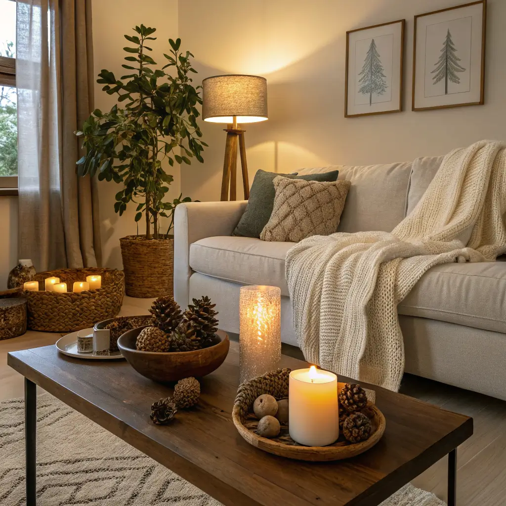 Low-angle view of a warm minimalist winter living room with an oatmeal linen sofa, chunky knit pillows, olive wool throw, walnut coffee table with pinecones, a bruised orange, lit cream pillar candles, linen-bound books, a sand wool rug, and bare oak branches in a vase under soft 2700K lamp light.