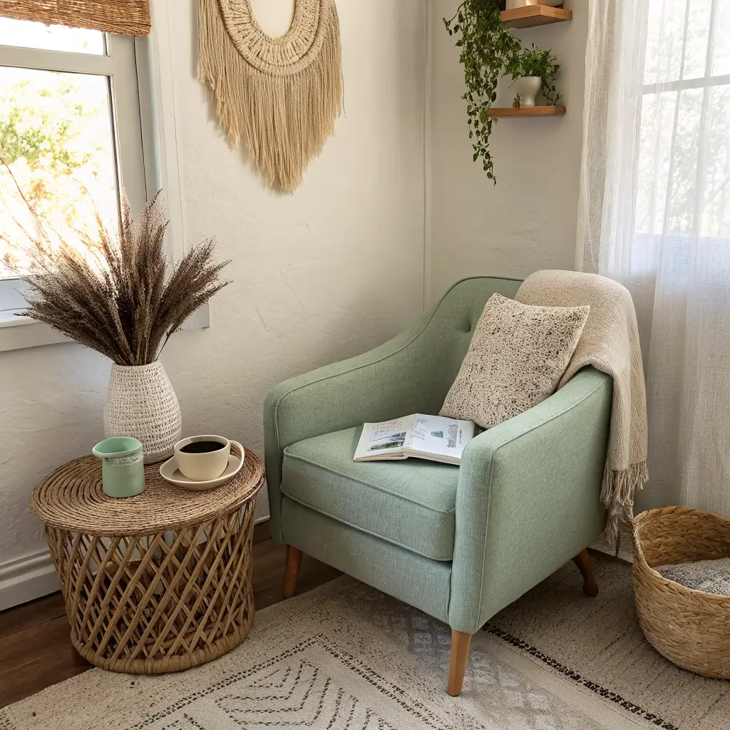 Minimalist boho reading nook with greige boucle chair, ash side table with mug and two books, cream woven wall hanging, seagrass basket of throws, jute rug, and trailing plant in warm window light.