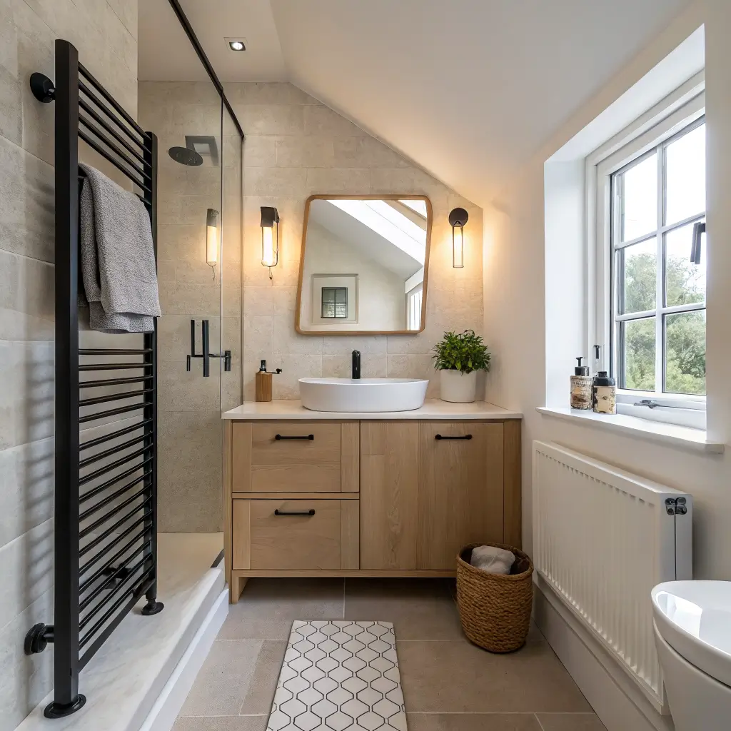 Minimalist spa-like bathroom with warm morning light, floating light oak vanity with matte black hardware, round frameless mirror, and sand-toned tile floor.