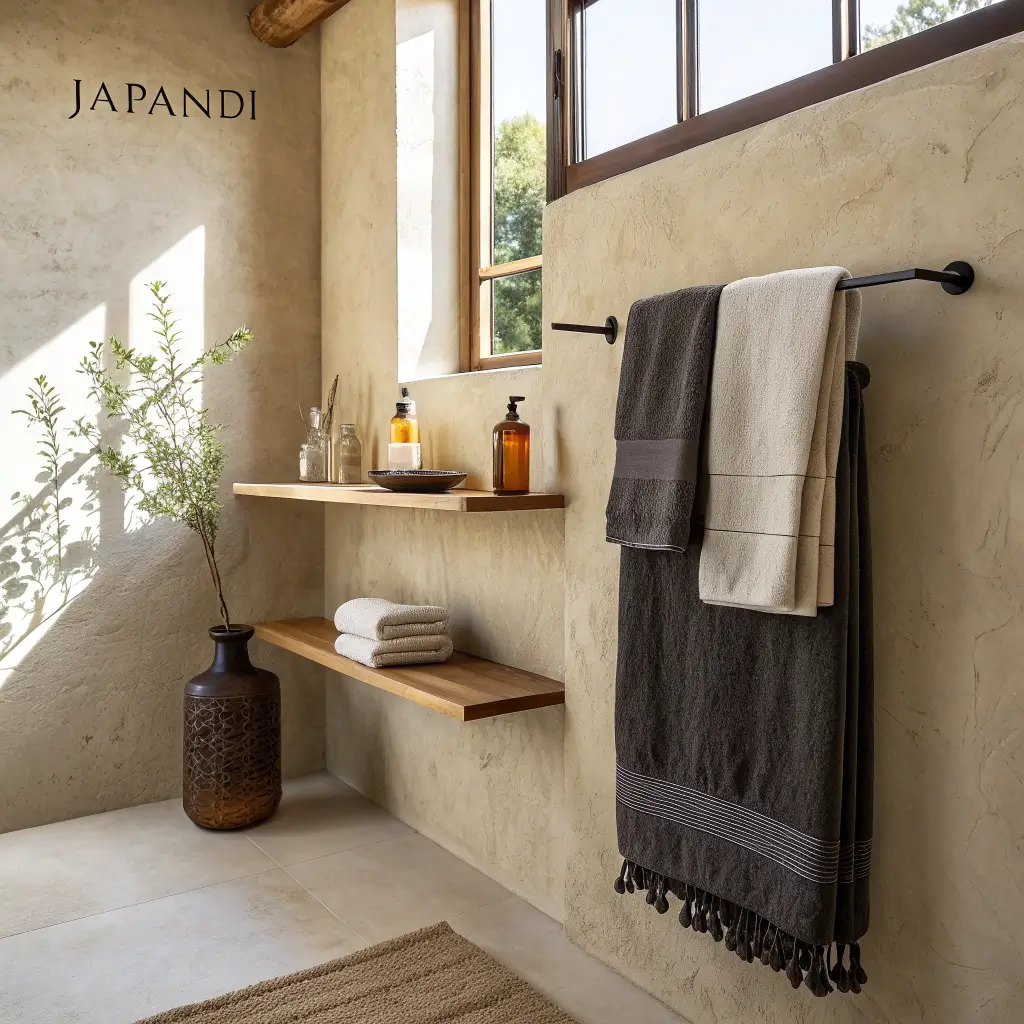 Japandi-style bathroom with warm greige plaster wall, oak floating shelf holding folded waffle towels, ceramic vase with eucalyptus, and amber bottle in late afternoon light.