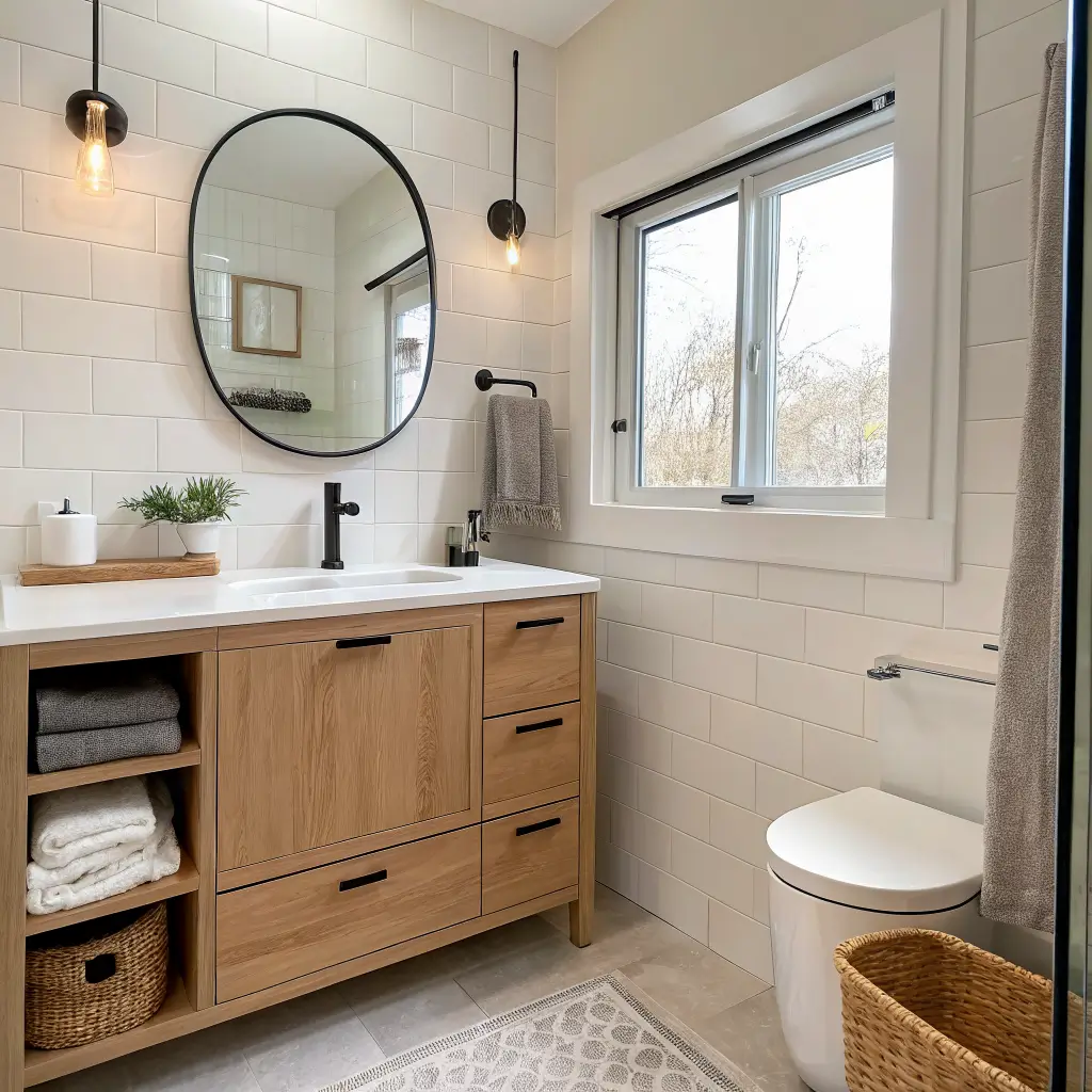 Minimalist 50-square-foot bathroom with floating oak vanity, round mirror, LED bar, warm off-white walls, sand porcelain floor, folded towels on open shelf, and woven basket under a small window.
