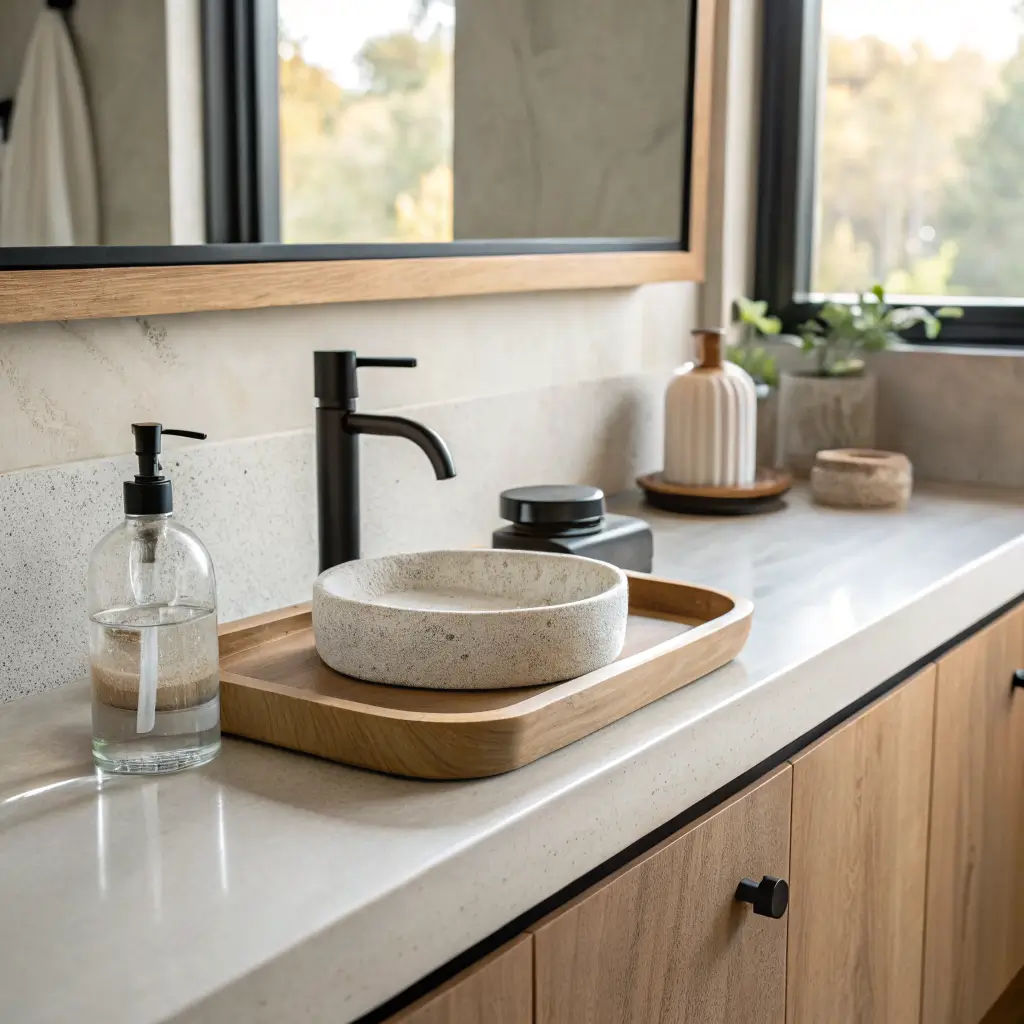 Minimalist bathroom vanity close-up with honed white quartz counter, clear glass soap dispenser, ceramic tray and ring dish, matte black faucet, and warm off-white plaster wall in soft morning light.