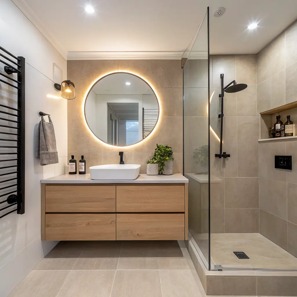 Minimalist spa-like bathroom with floating oak vanity, backlit round mirror, warm cove lighting, and frameless glass shower with sand-toned tile and matte black fixtures.