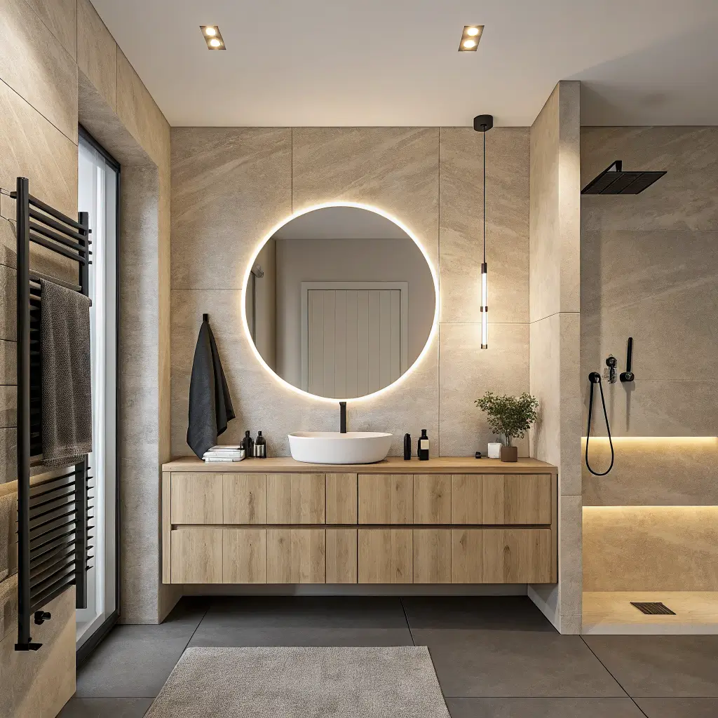 Minimalist spa-like bathroom at dusk with warm 2700K lighting, LED bar above round mirror, recessed spotlit ribbed plaster wall, floating oak vanity with matte black faucet, and sand porcelain floor.