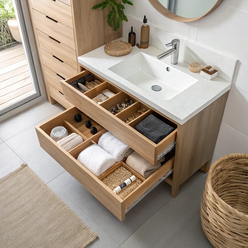 Elevated view of a minimalist bathroom with an open oak vanity drawer organized by bamboo dividers, warm daylight, mirrored medicine cabinet, and seagrass baskets in warm white and matte black tones.