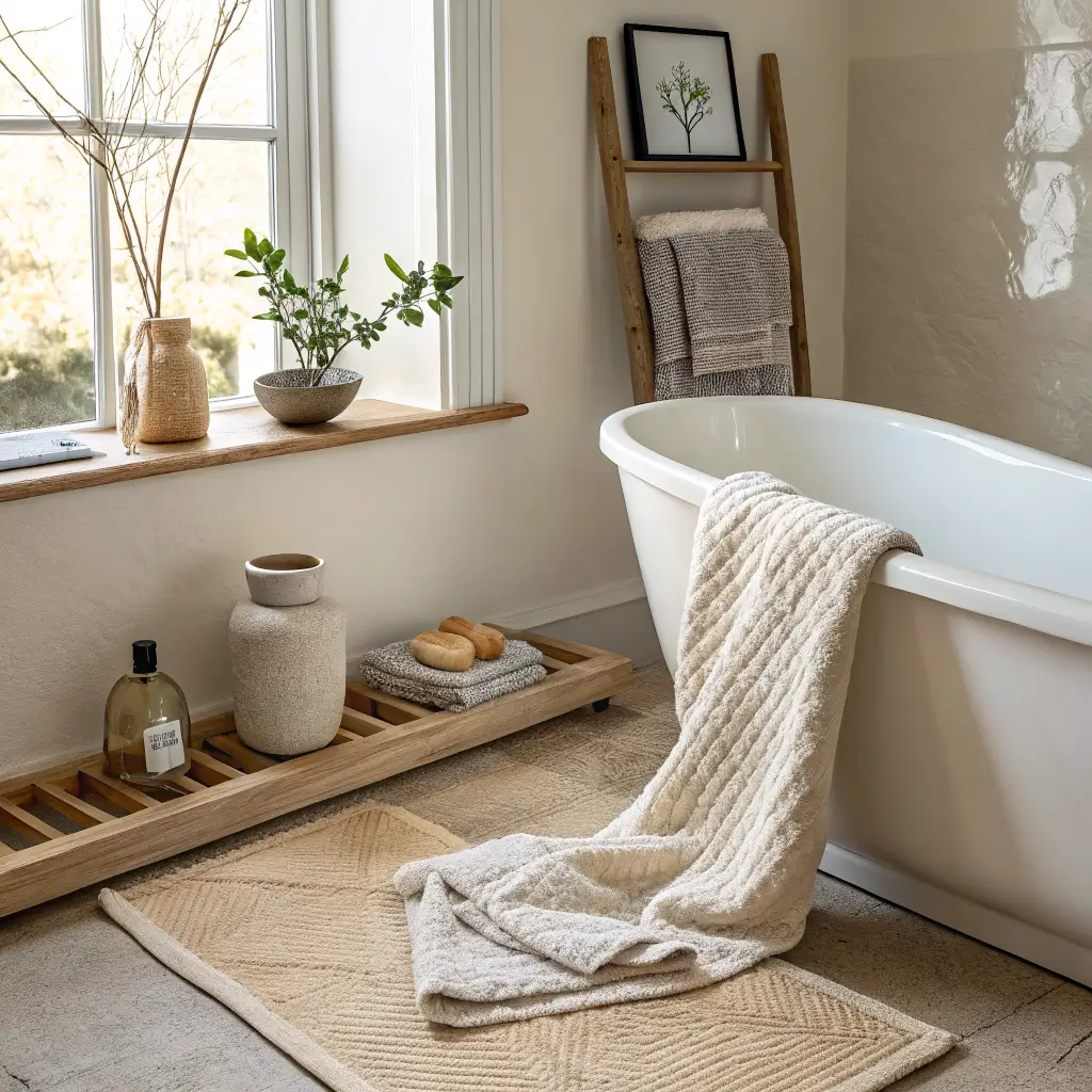 Minimalist bathroom vignette with oak shelf holding a stoneware vase with olive branch, framed line drawing, and folded waffle towel above a sand waffle bath mat on porcelain floor in warm morning light.