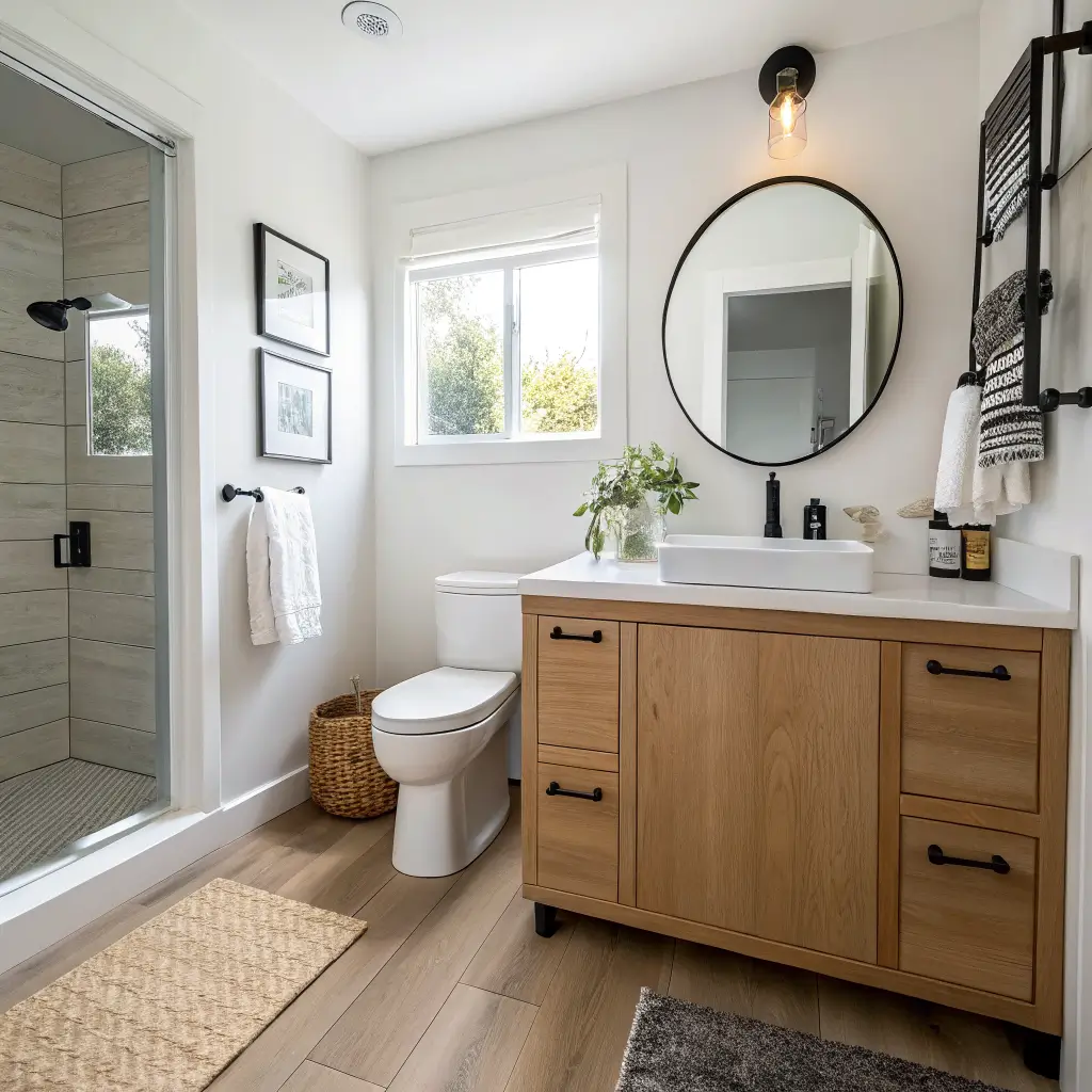 Minimalist bathroom during a monthly reset, with cleared quartz counter, oak floating vanity, black faucet, folded waffle towels on toilet lid, and open woven basket in soft daylight.