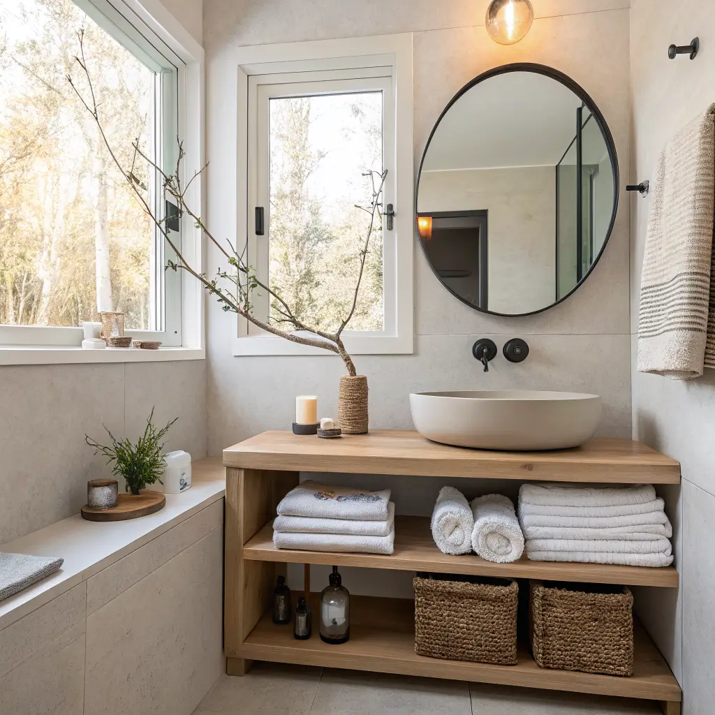 Minimalist 50-square-foot bathroom in winter morning light with floating oak vanity, round frameless mirror, matte black hardware, clay-oat towels on an oak shelf, birch branch in a matte ceramic vase, and an unlit candle on the counter.