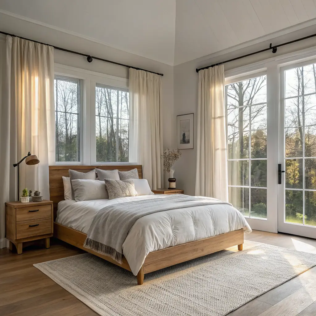 Golden-hour Scandinavian-style primary bedroom with light oak platform bed, oat linen bedding, ivory wool rug, sheer curtains, and oak nightstands with brass lamps.