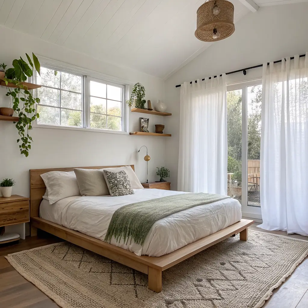 Small airy bedroom with chalky white walls, light oak platform bed, jute rug, floating shelves with brass sconces, and a snake plant in soft morning light.