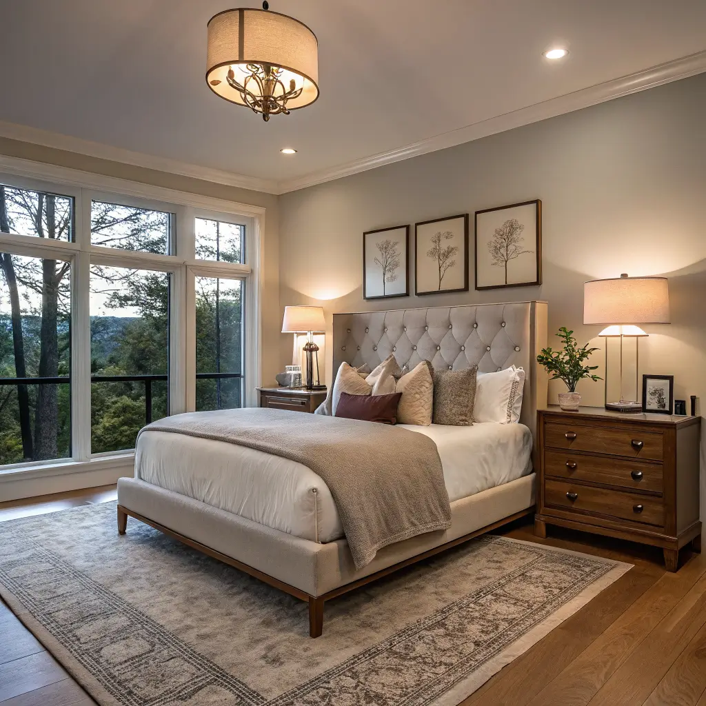 Blue-hour greige bedroom with oat bouclé platform bed, warm linen bedding, ivory wool rug, and walnut nightstands with brass lamps glowing warmly.