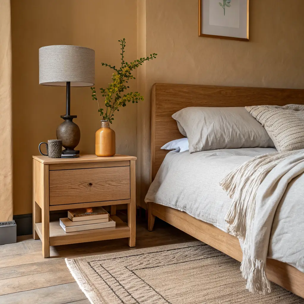Close-up of a light oak bed corner with crumpled oat linen bedding, brass lamp, ceramic vase with olive branch, taupe walls, and jute rug in soft afternoon light.