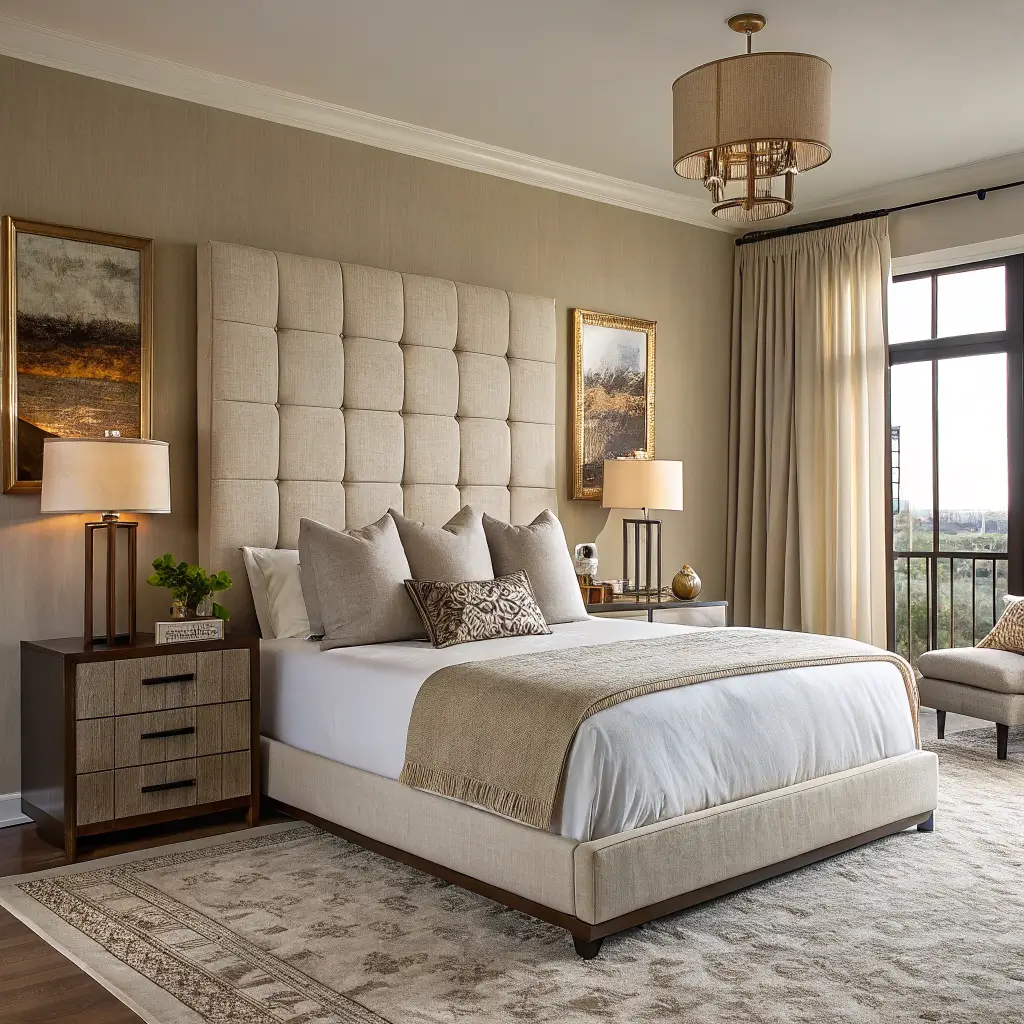 Symmetrical quiet-luxury bedroom with oat bouclé headboard, ivory linen bed, brass wall sconces, walnut nightstands, abstract art, and warm taupe walls in soft morning light.