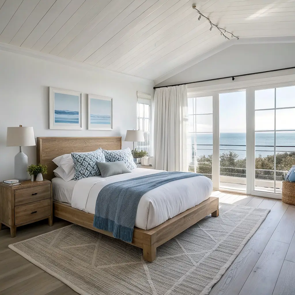 Coastal minimalist bedroom with driftwood oak platform bed, white bedding and blue-gray throw, jute rug, sheer linen curtains, pale oak nightstands with ceramic lamps, seascape art, and leaning oak-framed mirror in bright morning light.