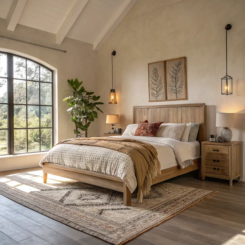 Boho-minimal bedroom with light oak platform bed, oat linen bedding, vintage kilim rug, slim oak nightstands with brass lamps, and warm golden-hour light in symmetrical low-angle view.