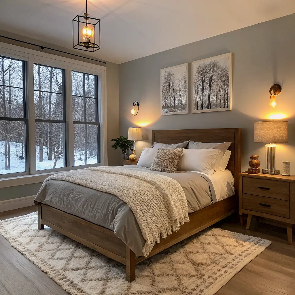 Cozy winter bedroom with oak platform bed, stone linen bedding, chunky cream throw, warm brass lamps and candlelight, ivory rug, and large abstract wall art.