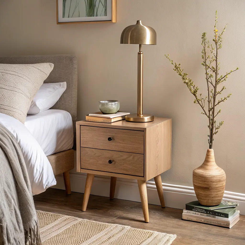 Minimal bedroom vignette with a light oak nightstand holding a brass lamp, two neutral books, and a clay vase with olive branches beside an oat linen duvet in soft morning light.