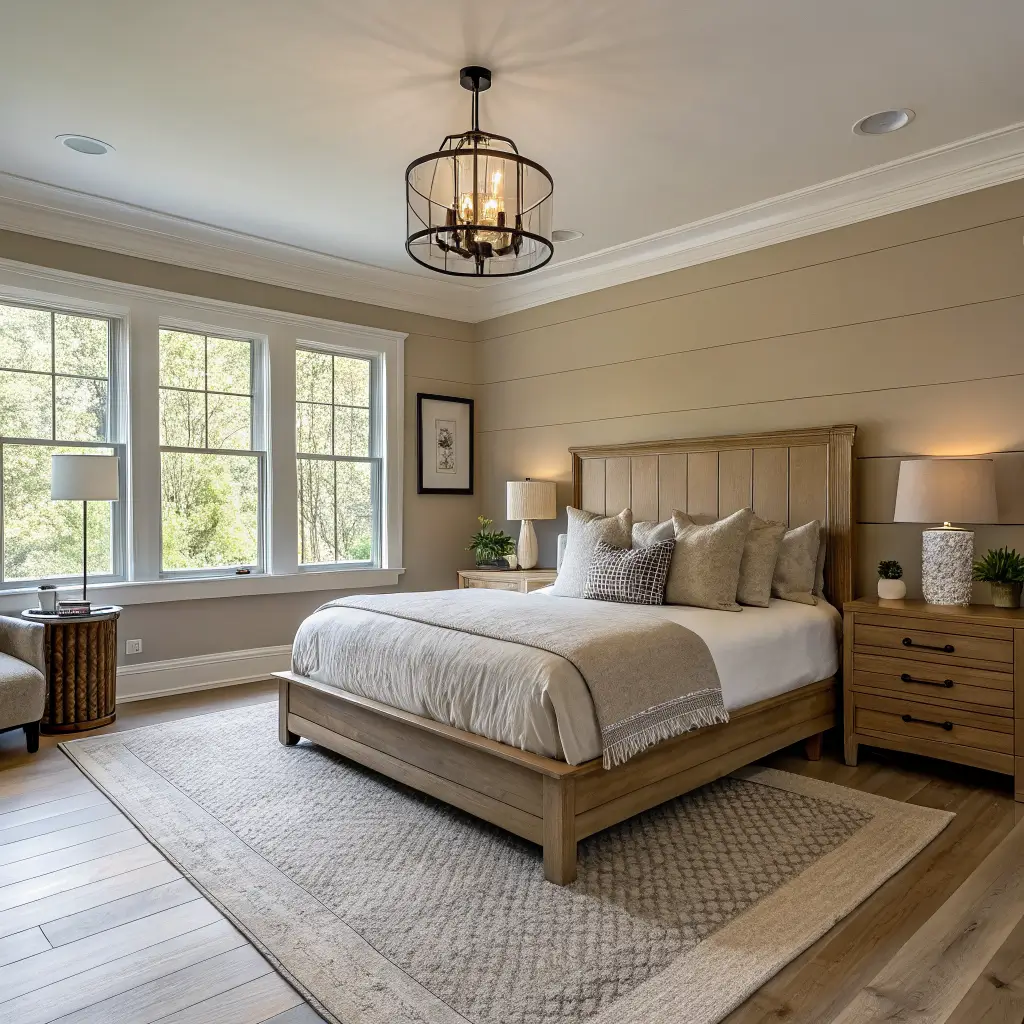Wide-angle symmetrical hero shot of a warm taupe primary bedroom with a light oak platform bed, oat linen bedding with four pillows, ivory wool rug, matching oak nightstands with brass lamps, bouclé bench, sheer linen curtains, abstract art, and a potted ficus in natural daylight.