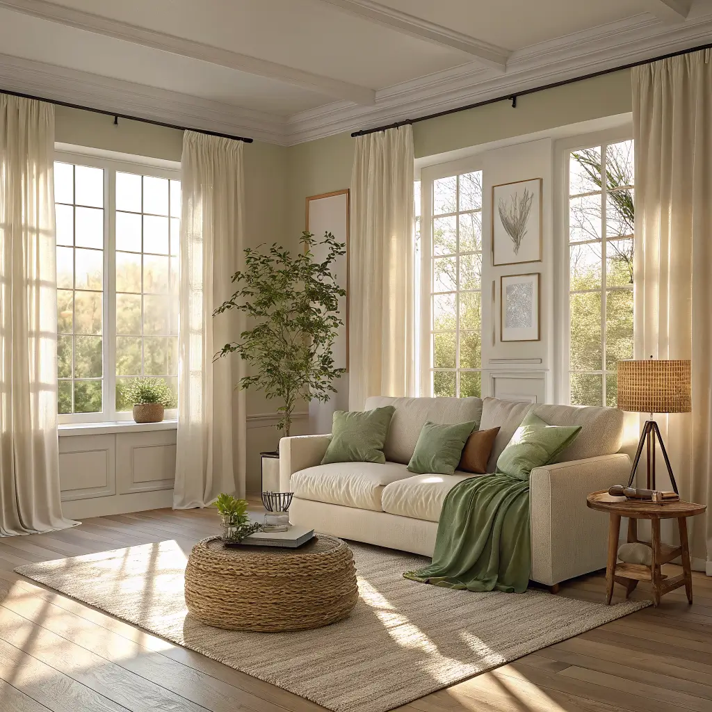 Sunlit modern spring living room with white-trim windows, oatmeal linen sofa with sage and beige pillows, jute rug, oak coffee table decor, and faux olive tree.