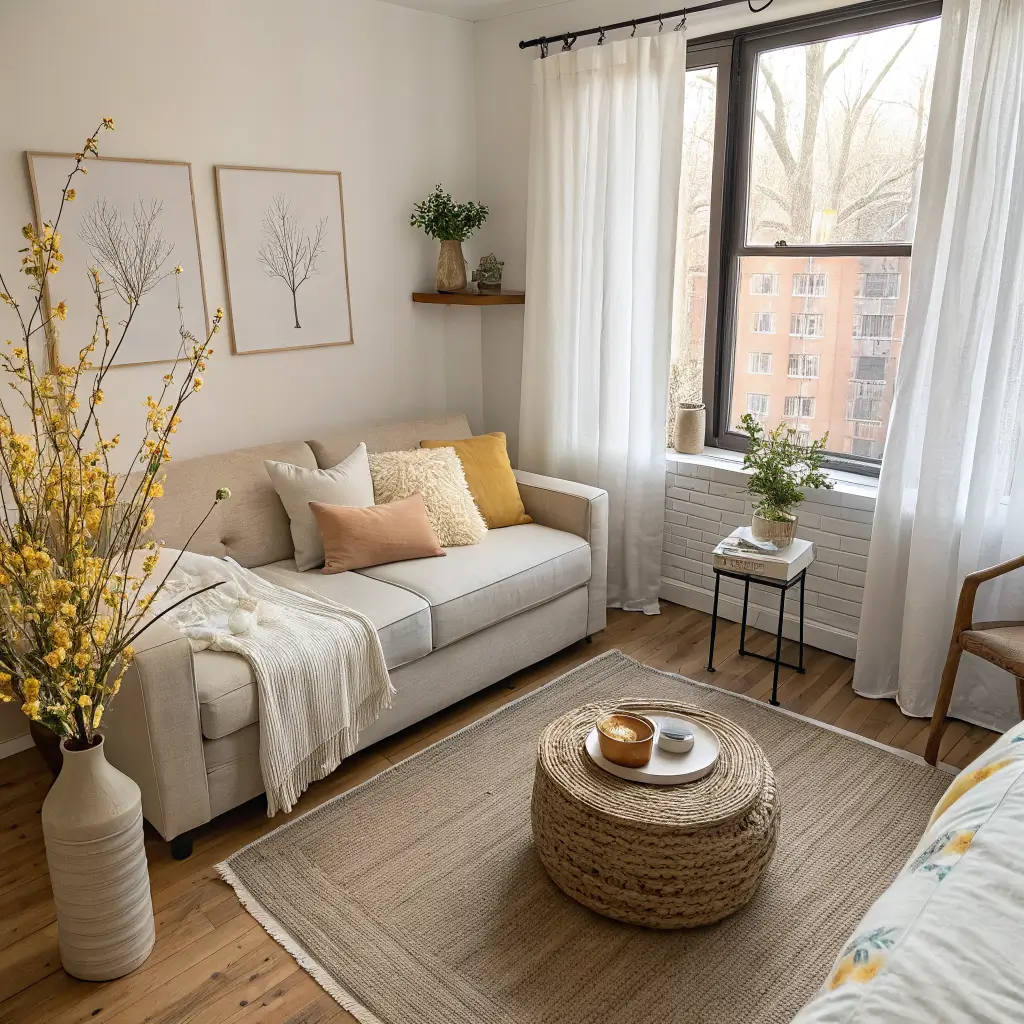 Overhead-angled photo of a cozy spring studio apartment with sunlight through linen curtains onto an oatmeal loveseat, jute rug, oak coffee table with forsythia and a lit candle, plus a whitewashed nightstand and lamp.