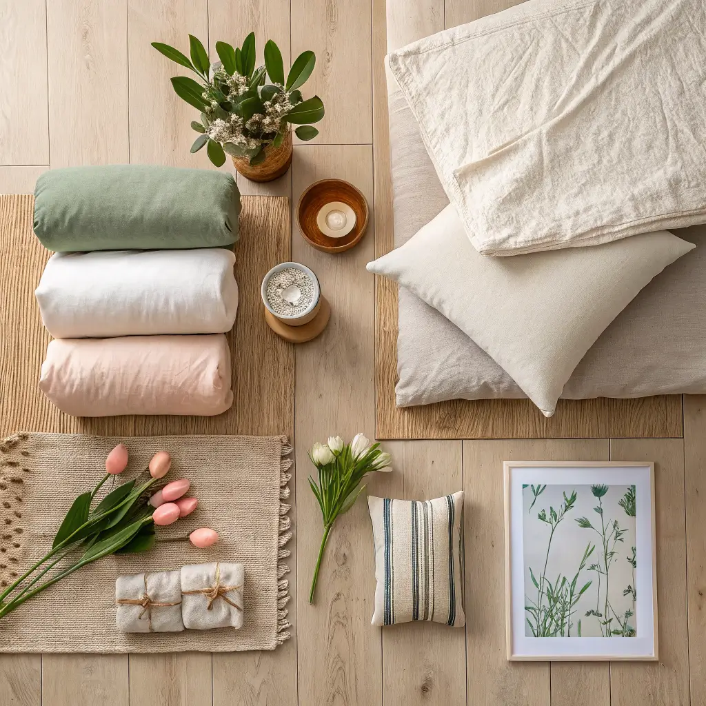 Overhead flat lay of spring decor on a light oak floor with folded linen pillow covers, gauze throws, tulips in a terracotta pot, ceramic candle, linen duvet corner, framed botanical print, jute rug edge, and brass lamp base in a neutral sage and terracotta palette.