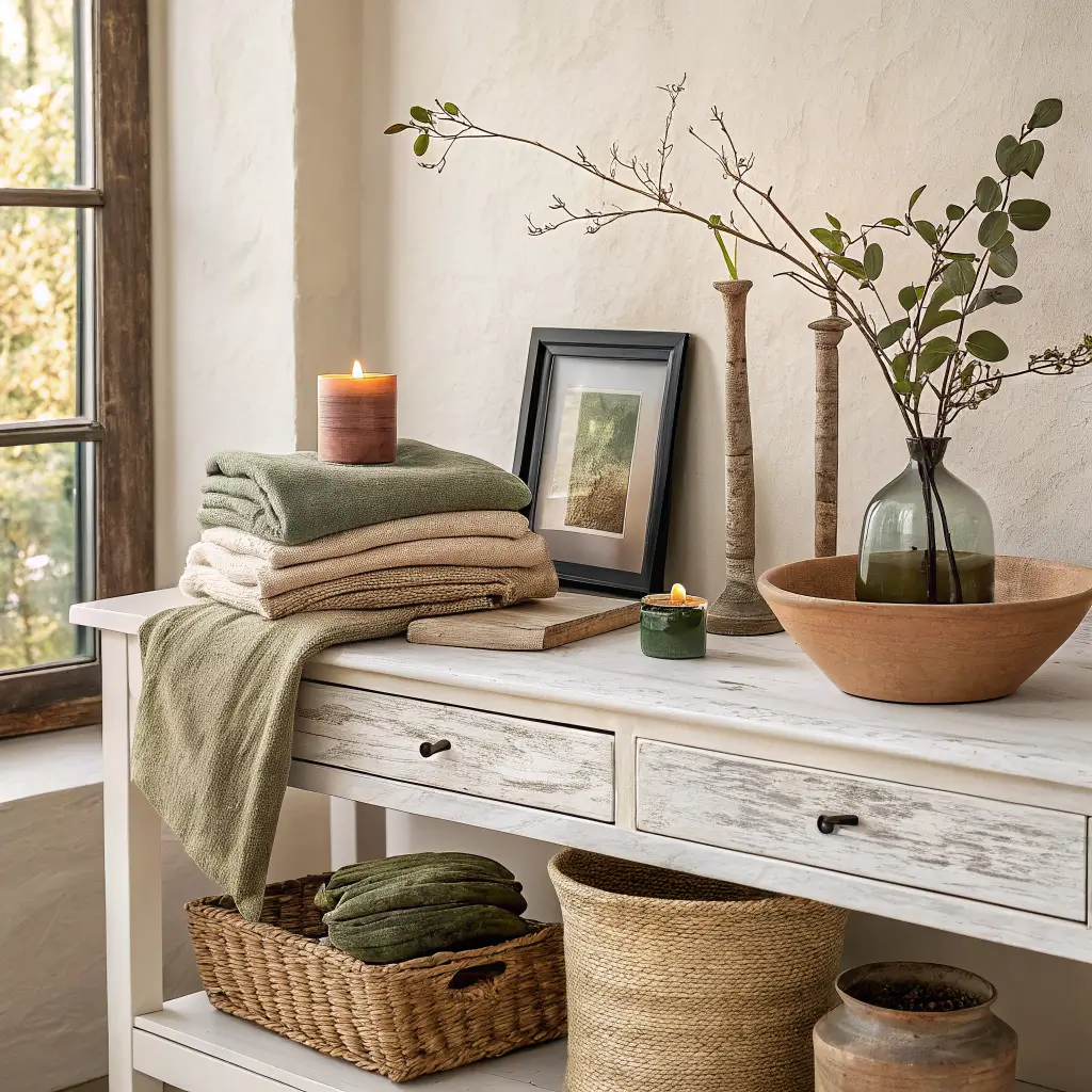 Close-up of a styled console vignette with linen swatches, bouclé cushion, terracotta pot, brass candlestick, matte black frame, jute basket, moss bowl, oak sample, and eucalyptus vase in soft morning light.
