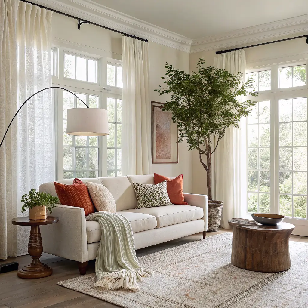 Modern spring living room with tall windows and sheer curtains, oatmeal linen sofa with sage and terracotta pillows, faux olive tree, abstract art above console, warm lamps, and jute rug.
