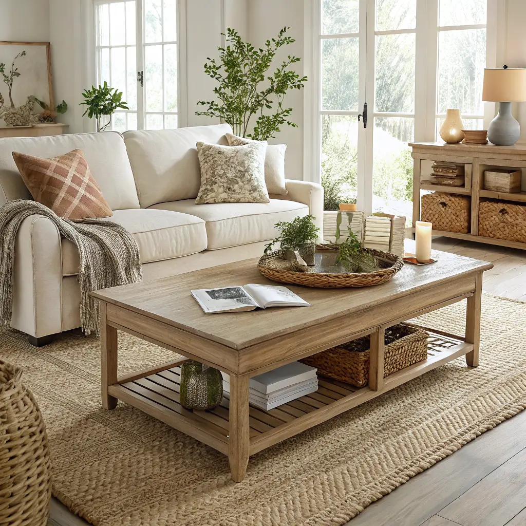 Photorealistic golden-hour living room with oatmeal linen sofa, jute rug, light oak coffee table styled with rattan tray, candle, cherry branches, and a whitewashed media console with botanical accents.