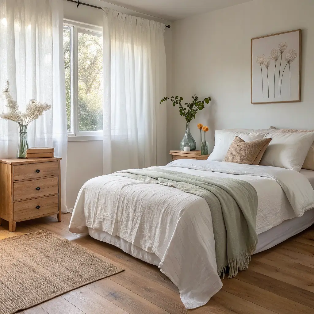 Photorealistic minimalist bedroom with Swiss Coffee walls, light oak floors, low platform bed in oat linen, sheer white curtains, and a whitewashed nightstand with lamp, book, and tulips in soft morning light.