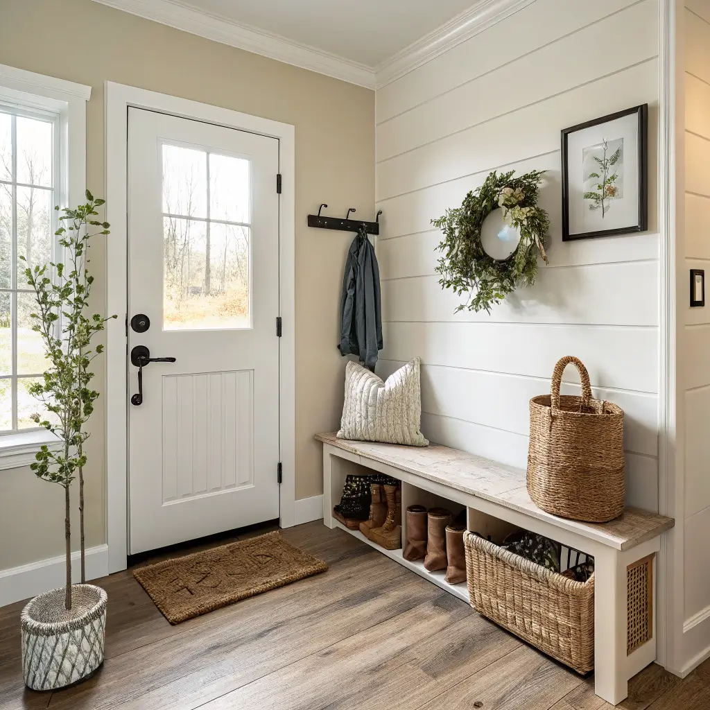 Photorealistic narrow entryway with Swiss Coffee walls and light oak floor, warm white door with eucalyptus wreath, whitewashed bench with jute shoe basket, botanical print, rattan tray with keys, dish, candle, and brass hook rail in soft morning light.