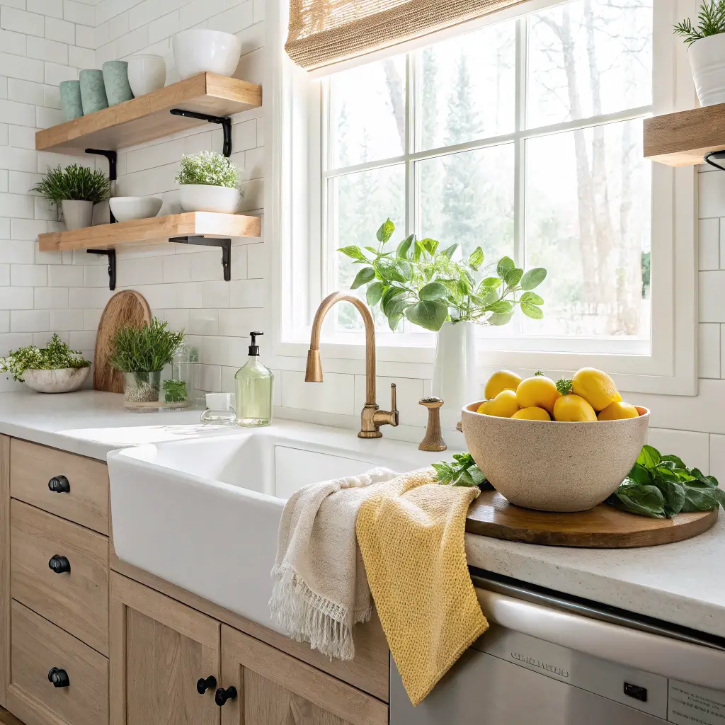 Bright modern spring kitchen with Swiss Coffee cabinets, oak open shelves, farmhouse sink, lemons and herbs on quartz counter, tulips by window, and brass faucet in morning light.