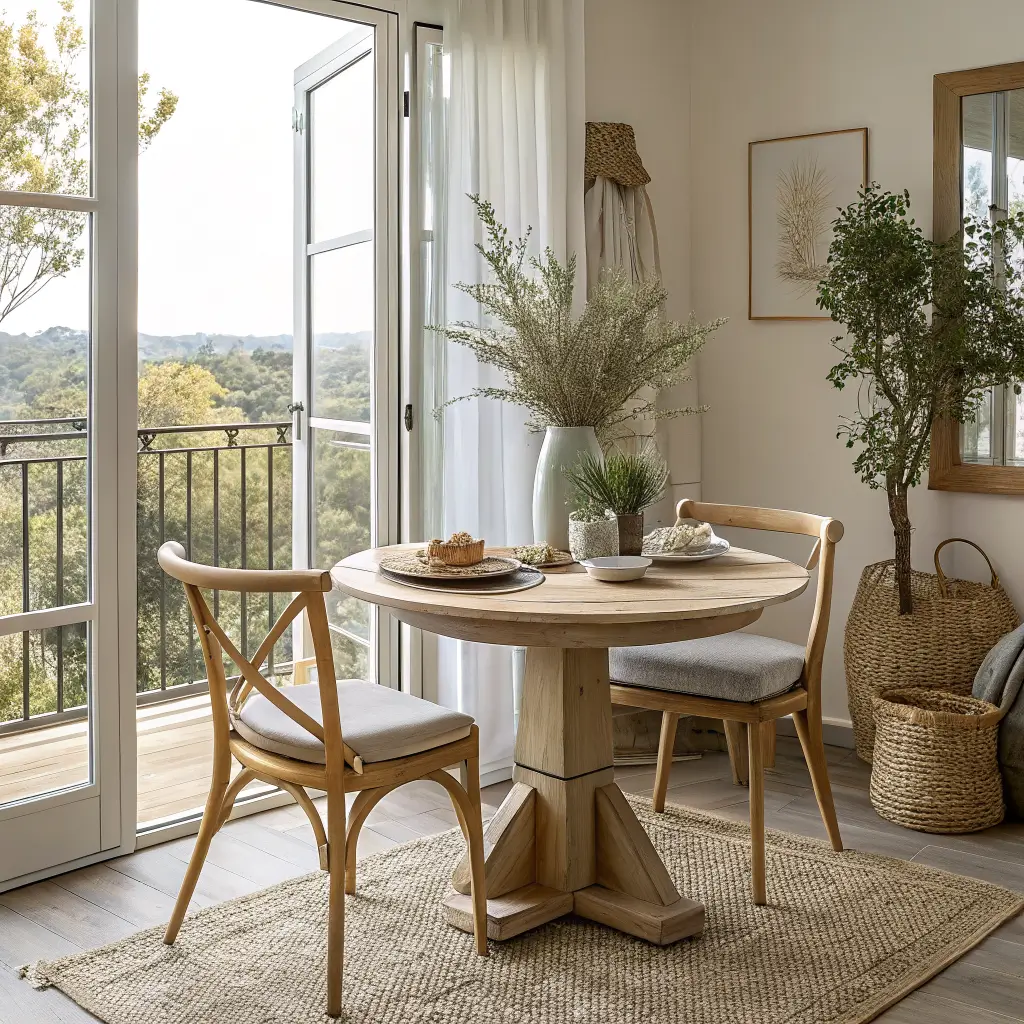 Sunlit dining nook with round oak table and pampas centerpiece opening to a small balcony with rattan chair, herb pots, and olive tree behind billowing sheer curtains.