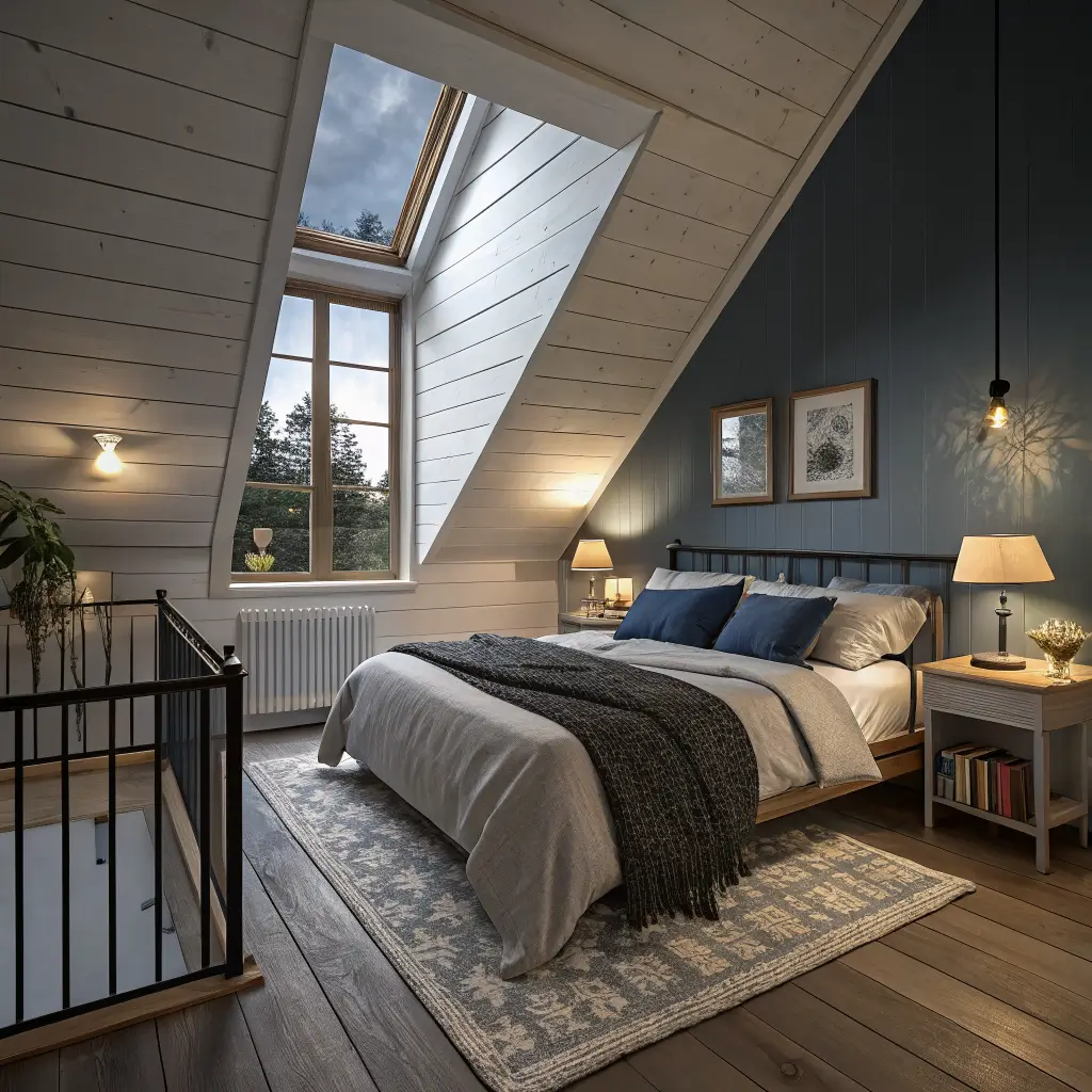 Photorealistic dusk view of a compact blue-black attic bedroom with sloped ceiling, low platform bed under the slope, brass sconce glow, walnut nightstand, and charcoal rug on oak floor.