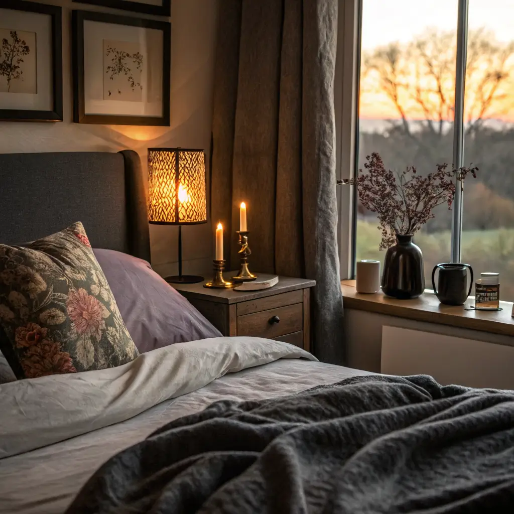 Moody golden-hour bedroom close-up with charcoal linen bed, oatmeal wool throw, plum velvet pillow, and walnut nightstand holding black ceramic lamp, brass candlesticks, open book, and amber glass, focused on the candlesticks.