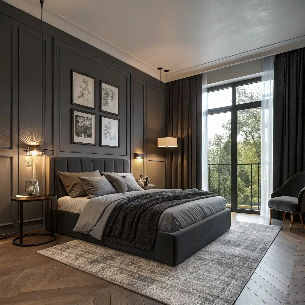 Photorealistic charcoal and slate bedroom with graphite curtains, velvet bed, smoked oak floor, and a warm brass floor lamp in the corner, shot symmetrically from the doorway.