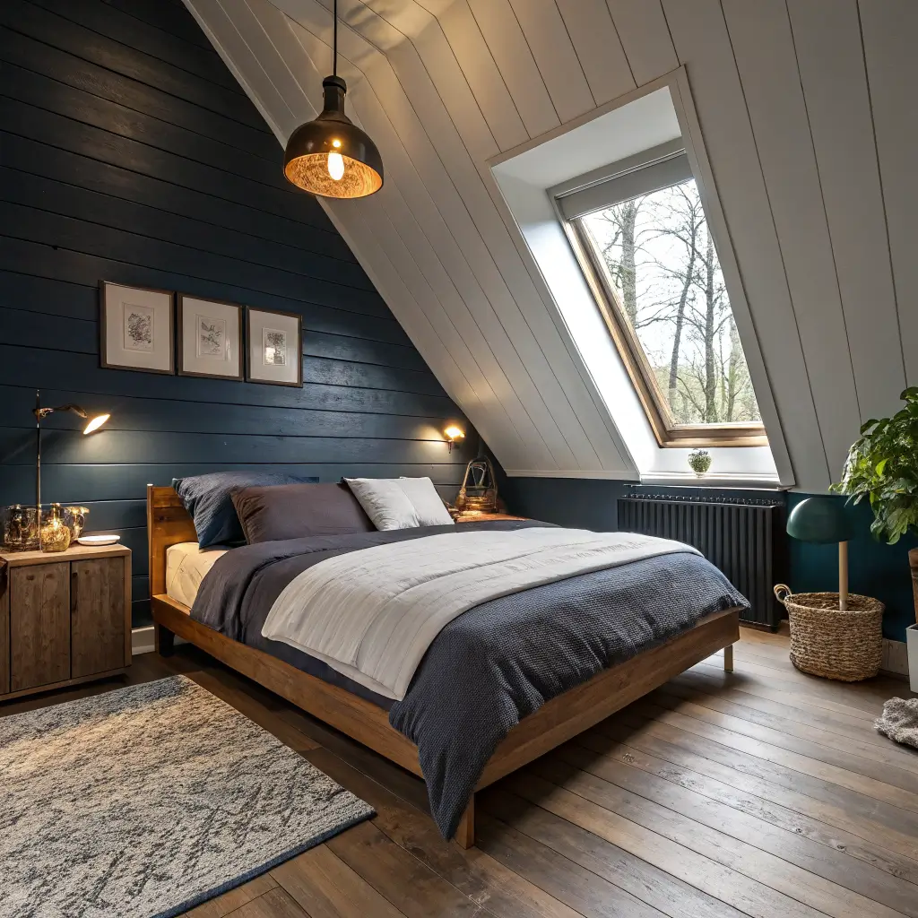 Photorealistic attic bedroom at night with blue-black color-drenched walls and sloped ceiling, low platform bed in navy and oatmeal linens, warm brass sconce and bedside lamp, walnut nightstand, oak floors, and charcoal rug.