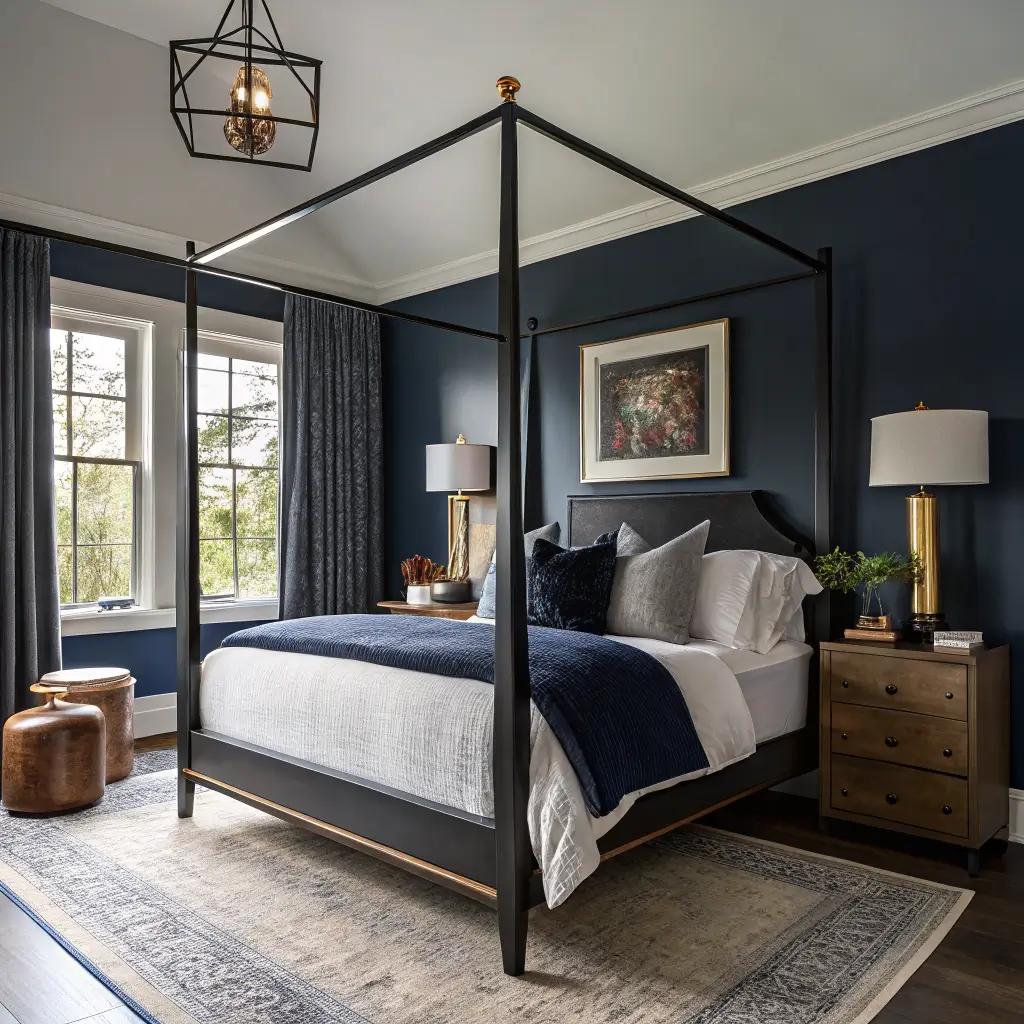 Photorealistic twilight bedroom with navy color-drenched walls, matte black canopy bed before velvet curtains, slate and oatmeal linens, brass lamps, walnut nightstands, and a moody landscape painting.