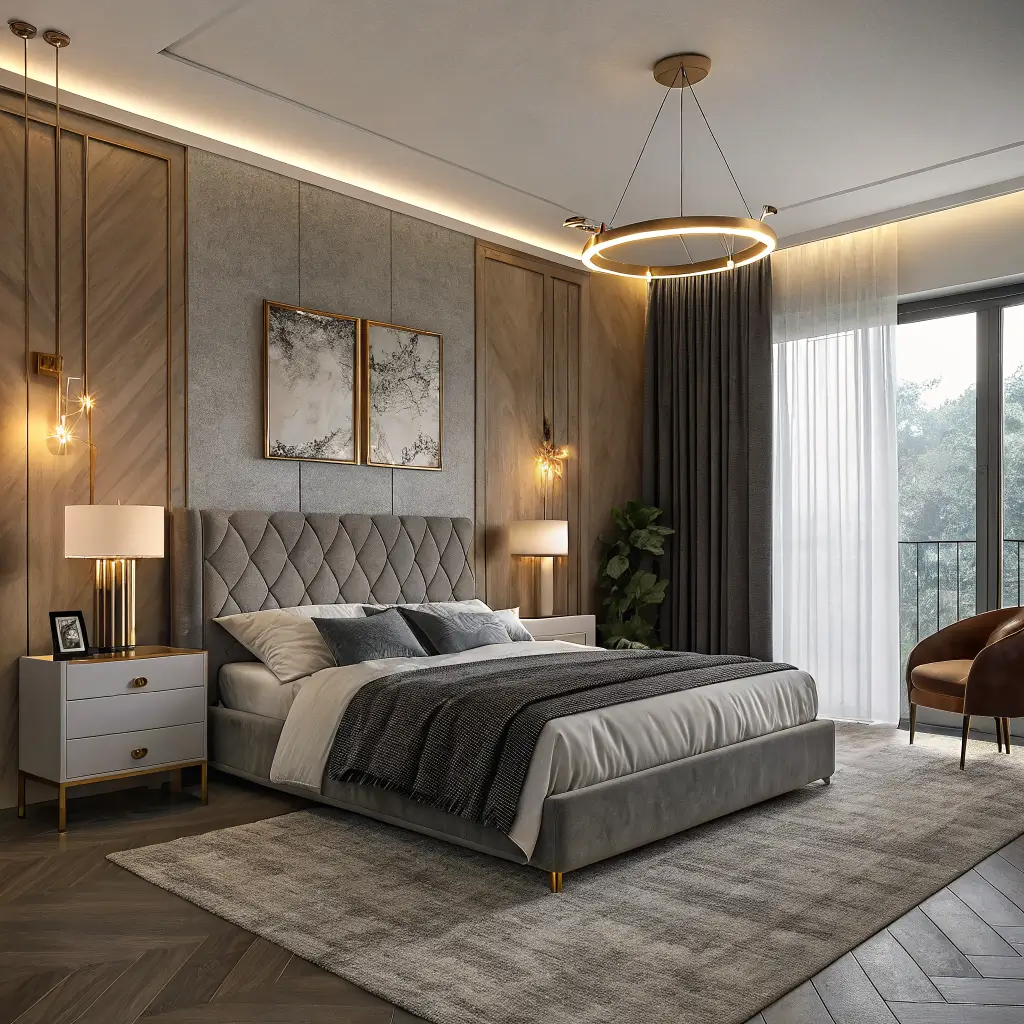 Moody charcoal bedroom at 10pm lit by three warm lamps and an LED headboard halo, showcasing soft light pools over a slate-and-oatmeal bed with brass accents.