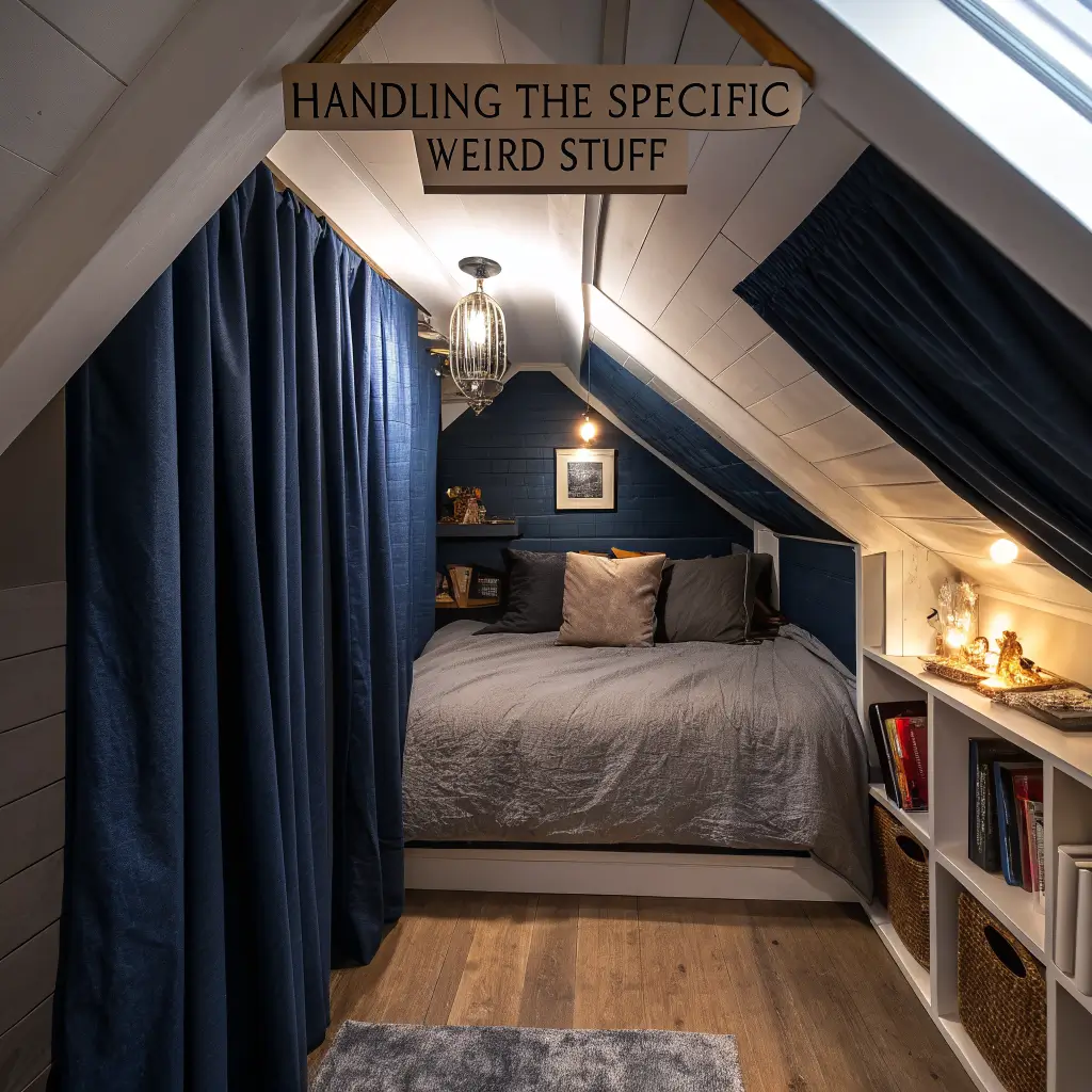 Photorealistic dusk view into a blue-black painted under-eave sleeping nook with a low bed, charcoal velvet wall cushions, tied-back navy curtains, a warm brass sconce, and a walnut shelf with a book and amber glass of water.