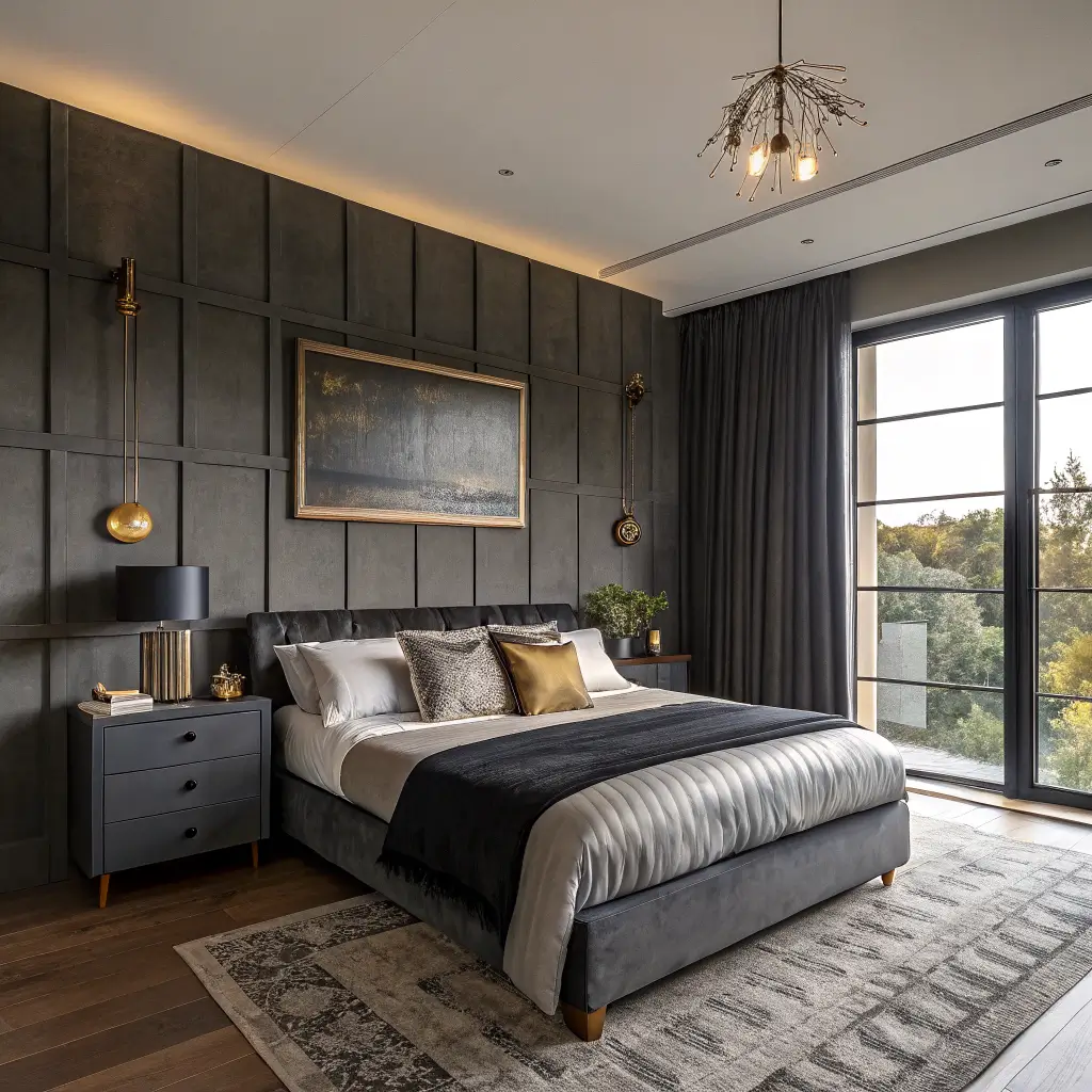 Photorealistic charcoal bedroom at golden hour with layered bedding textures, graphite velvet curtain wall, brass lamp, walnut bench, and moody abstract art above the bed.