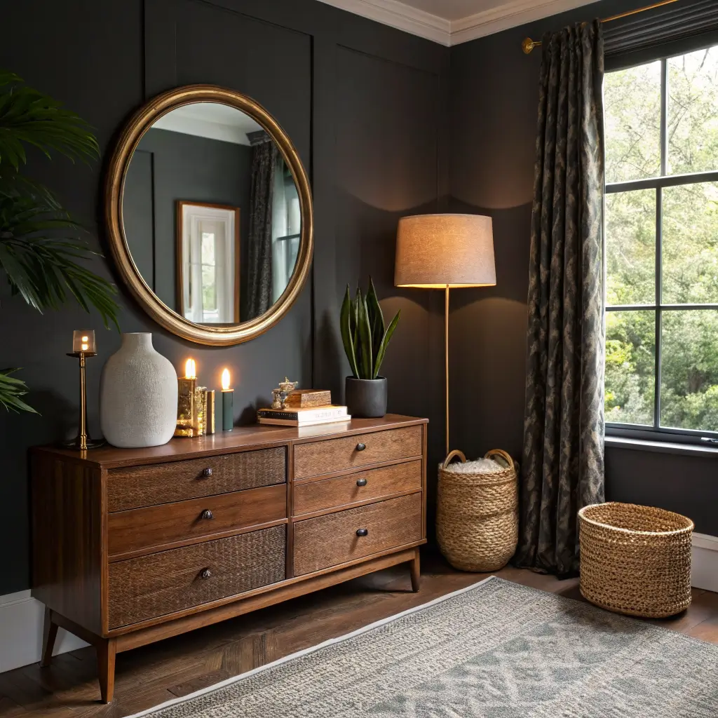 Moody evening corner bedroom with charcoal walls, brass round mirror reflecting warm light above a walnut console with glowing ceramic lamp, snake plant, rattan basket, brass candlesticks, and a charcoal velvet bed edge on a dark wool rug.