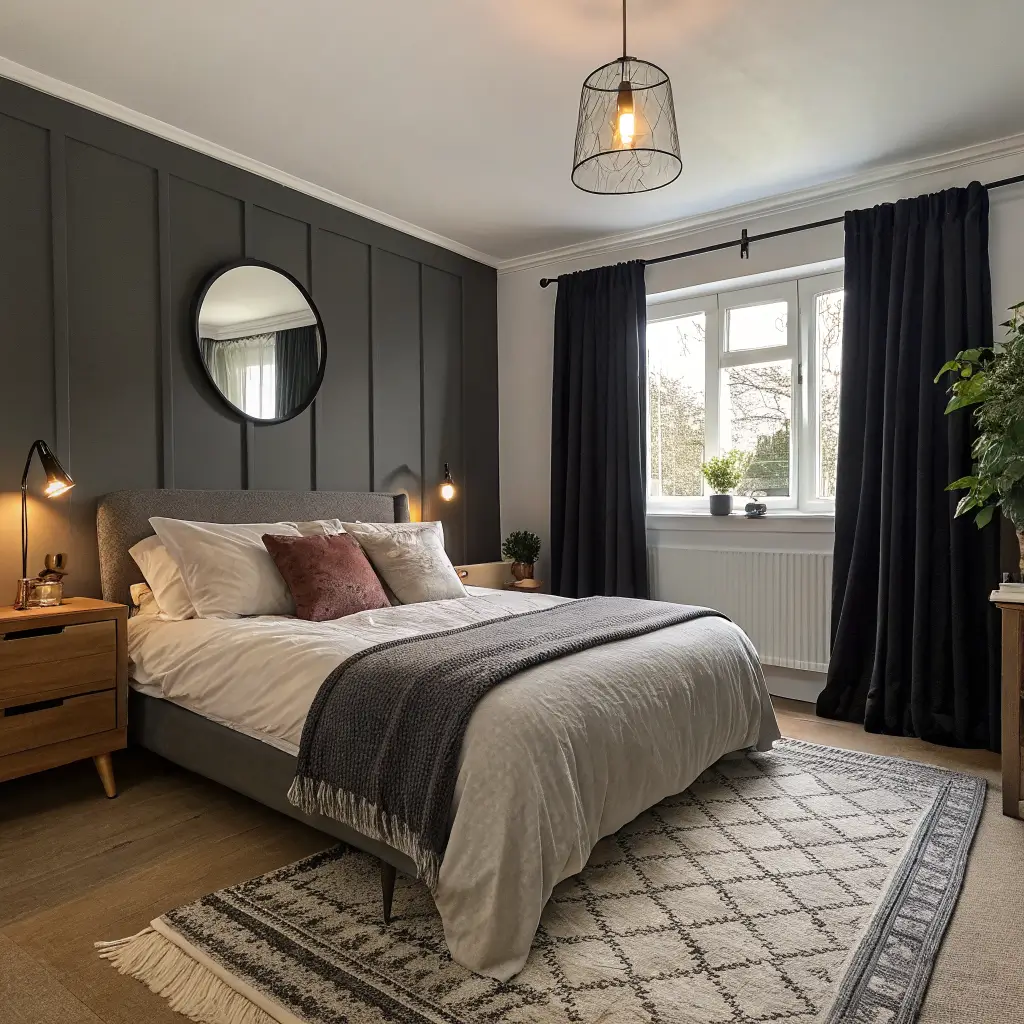 Moody rental bedroom refresh with charcoal velvet blackout curtains behind the bed, slate linen bedding, warm lamps, black round mirror, and walnut nightstand.