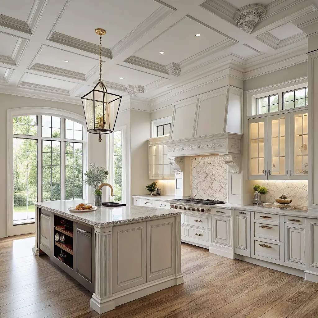 Photorealistic neoclassical kitchen with white and greige cabinetry, Carrara marble island, plaster range hood, tall windows with sheer linen, and honey-toned oak floors in soft morning light.