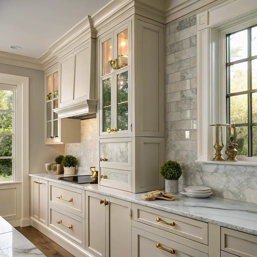 Close-up of a warm greige neoclassical kitchen wall with brass hardware, a glass-front cabinet of ivory dishes, and Carrara marble counter and backsplash in late afternoon light.