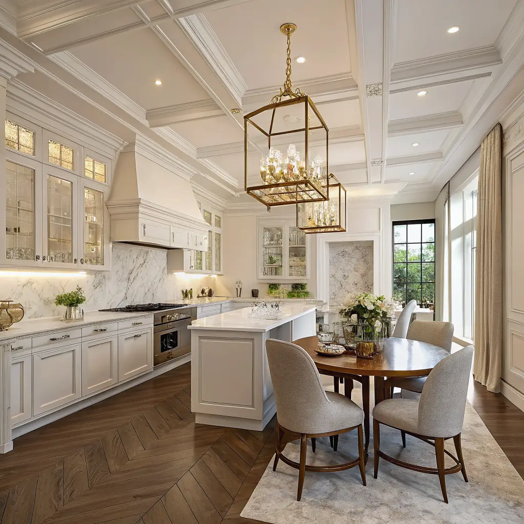 Overhead angled view of a neoclassical kitchen-dining combo at golden hour with a Carrara marble island under brass lantern pendants, white paneled cabinets, plaster range hood with sconces, and a pale oak round dining table on wide oak floors.
