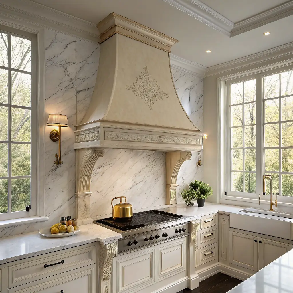 Symmetrical neoclassical kitchen wall with a tapered plaster range hood, cream inset cabinets, stainless range with brass knobs, Carrara marble backsplash, brass sconces, and soft midday light.
