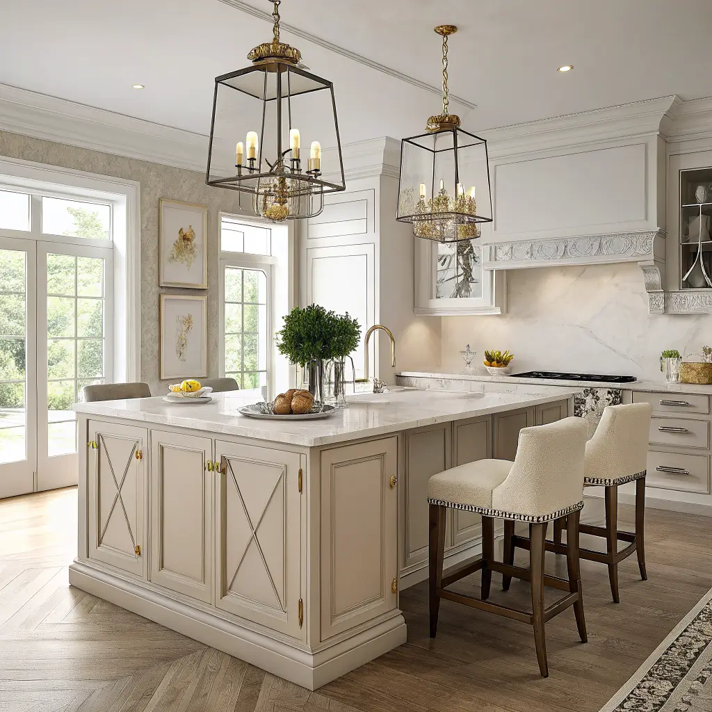 Photorealistic neoclassical kitchen with a greige-based Carrara marble island, three ivory linen brass-studded stools, brass-glass lantern pendants, and a styled countertop with lemons and olive branches in warm evening light.